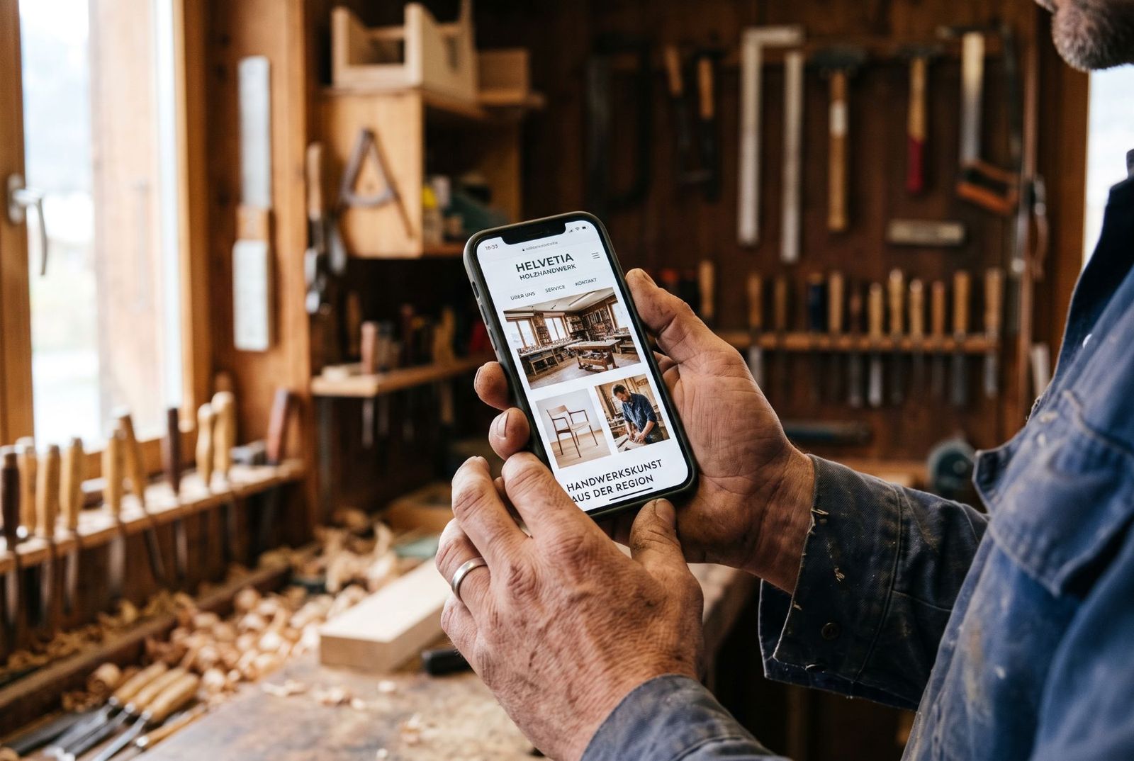 Handwerker hält ein Smartphone mit einer Webseite in der Werkstatt
